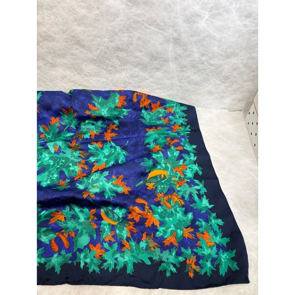 Magenta Vintage Square Scarf Made in Italy Navy Blue Green Leaf Bird Print